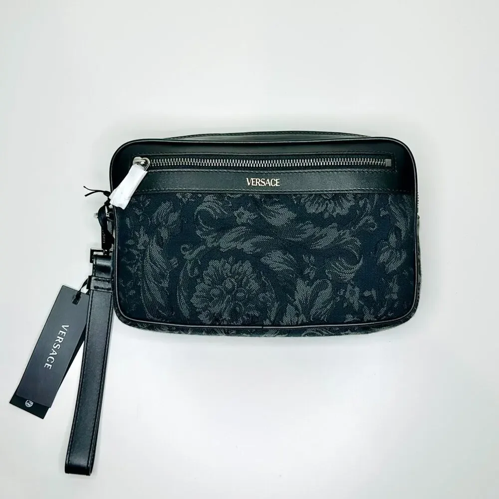 Versace Athena Black Jacquard Barocco Clutch Bag Leather Wrist Strap NWT $995